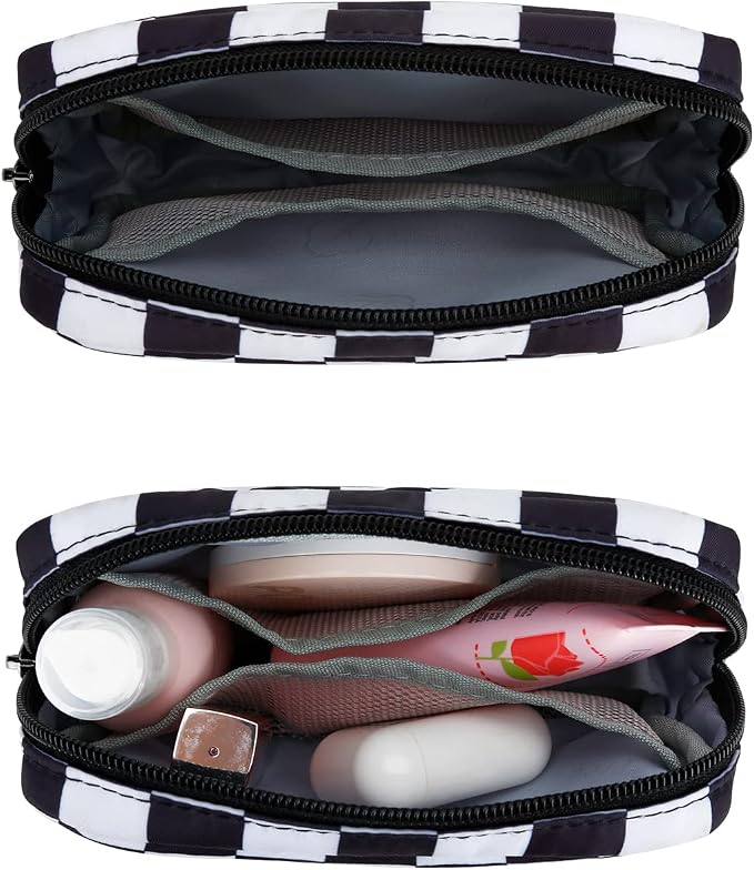 E-Tree Cute Small Makeup Bag, Cosmetic Toiletry Skin Care Make up Little Items Pouch for Purse,Zipper Mini Tech Charger Cable Electronic Organizer Case,Travel Accessories for Women Men Teen,Checkered - Image 5