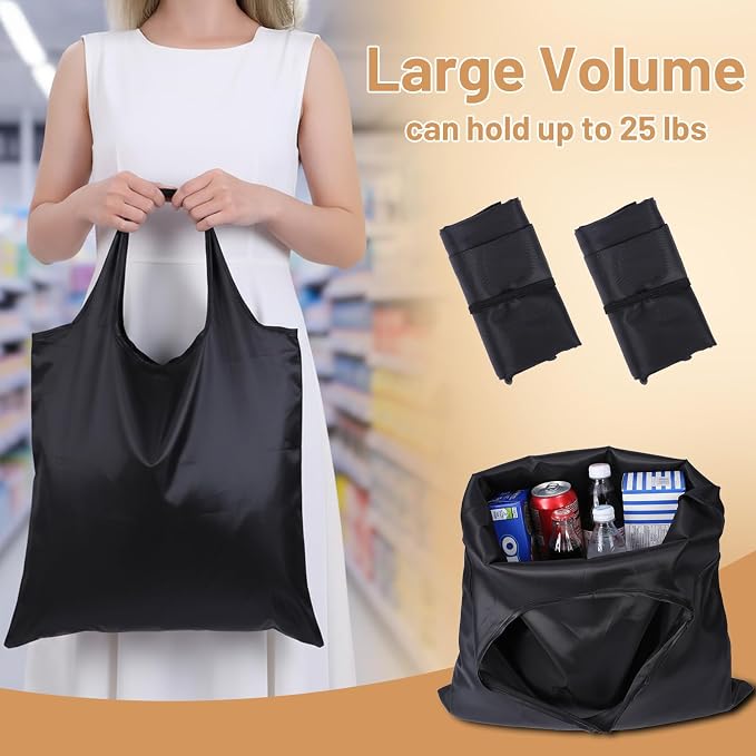 ElevateTech Foldable Tote for Women Men, 2 Pcs Ultra-Lightweight Foldable Shopping Bag Kitchen Reusable Grocery Bag Washable Tote Bags Compact Travel Market Handbag (Black) - Image 5