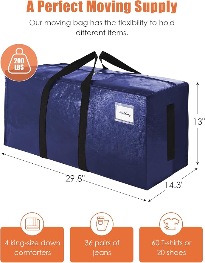 SWEET DOLPHIN 12 Pack 200LB Heavy-Duty Moving Bags with Wrap-Around Handles, Extra Large Storage Totes for Space Saving, Clothes Storage Bags, College Dorm Essentials, Blue, 24 Gal - Image 4