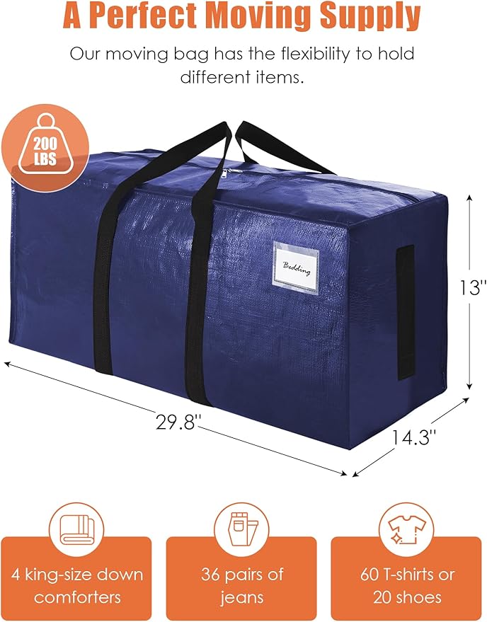 SWEET DOLPHIN 8 Pack 200LB Heavy-Duty Moving Bags with Wrap-Around Handles, Extra Large Storage Totes for Space Saving, Clothes Storage Bags, College Dorm Essentials, Blue, 24 Gal - Image 4
