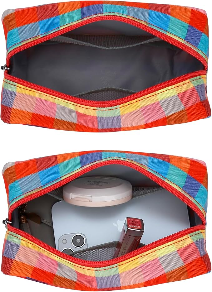 E-Tree Cute Makeup Bag,Travel Make up Pouch for Purse,Zipper Toiletry Cosmetic Brush Skin Care Case for Women Man,Tech Electronic Organizer,Small Canvas Storage for Personal Items,Colorful Checkered - Image 5