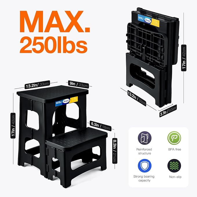 Korpai Folding 2 Step Stools,8" & 17" Dual Heights,Folding Step Hold up to 250 lbs,Step Stools for Adults and Kids,Step Stool for Dorm Bed,Kitchen Bedroom Office,Truck ect,Black - Image 2