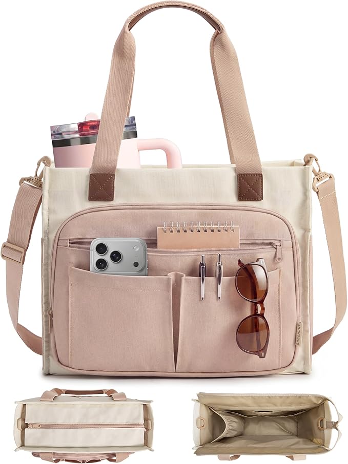 BAGSMART Canvas Tote Bag for Women, Small Work Tote Bag with Zipper | 30oz/40oz Tumble & 11 Pockets Travel Tote, Teachers/Nurses, Lightweight Canvas or Water-Resistant Puffer Taslon Crossbody Bag by BAGSMART