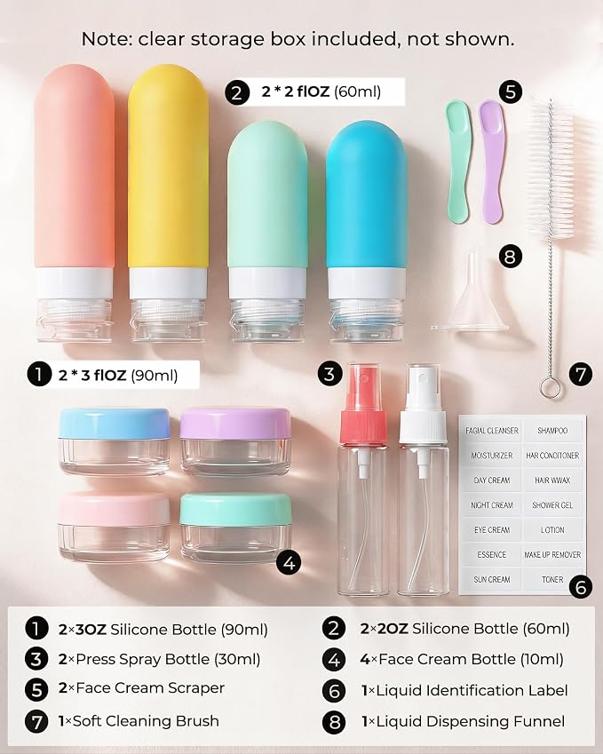 17 Pack Travel Bottles for Toiletries, TSA Approved Leak Proof Silicone Travel Containers for Toiletries with Label-Dopamine Color - Image 2