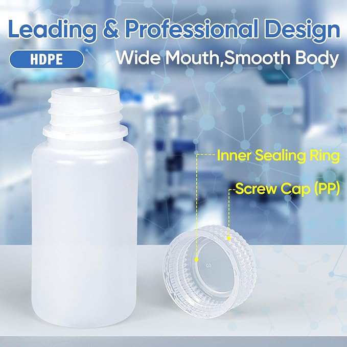 DEMORA 2 oz Small Plastic Bottles with Caps, Airtight Refillable Wide Mouth Travel Bottles for Toiletries, HDPE Food Grade Plastic Containers for Liquids Pill Sample Lab Reagent (Translucent, 4 Pcs) - Image 2
