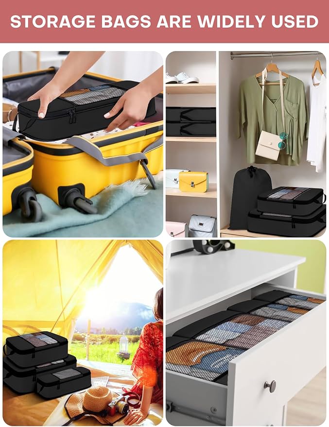 SDGFUI 6 PCS Set Compression Packing Cubes for Travel, Lightweight Packing Organizer Bags Travel Essentials for Carry On, Suitcase, Home Closet - Black - Image 3