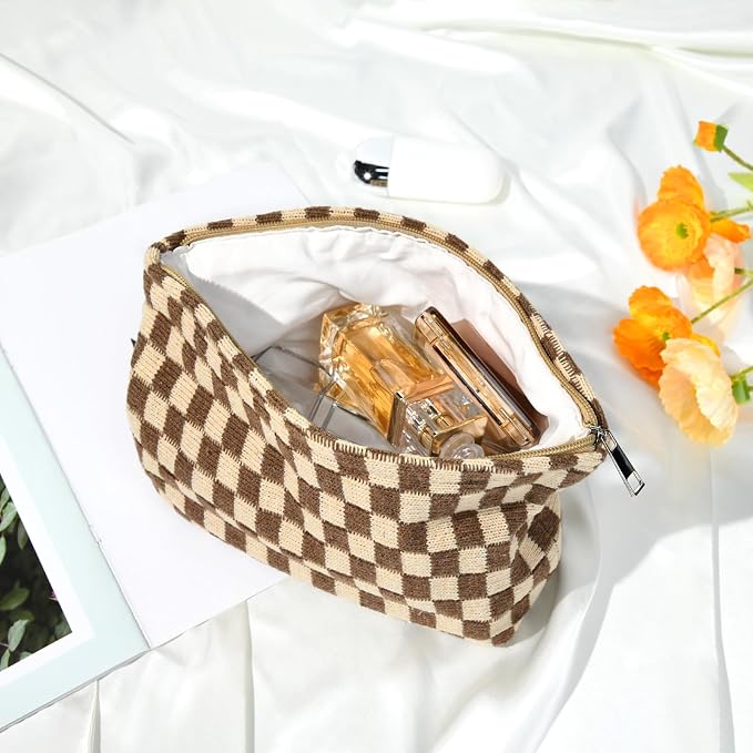 SOIDRAM 2 Pieces Makeup Bag Large Checkered Cosmetic Bag Capacity Canvas Travel Toiletry Bag Organizer Cute Makeup Brushes Aesthetic Accessories Storage Bag for Women, Brown checkered - Image 4