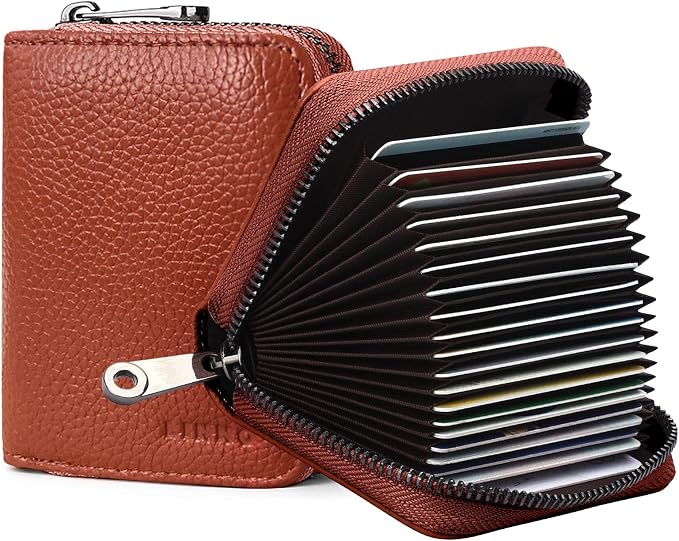 Linno RFID 20 Slots Credit Card Holder Genuine Leather Small Wallet for Women or Men with Zipper by Linno