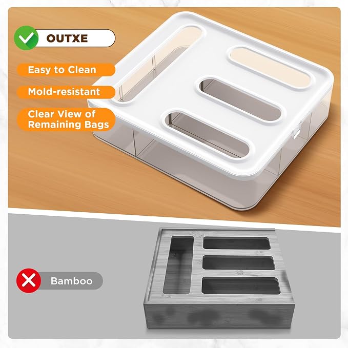 OUTXE Bag Organizer for Drawer + Fridge, Magnetic Kitchen Baggie Storage | Pantry Organization for Ziplock Plastic Food Bags | Compatible with Snack Sandwich Quart Gallon (White) | Pantry Organization for Ziplock Plastic Food Bags | Compatible with Sna... - Image 3