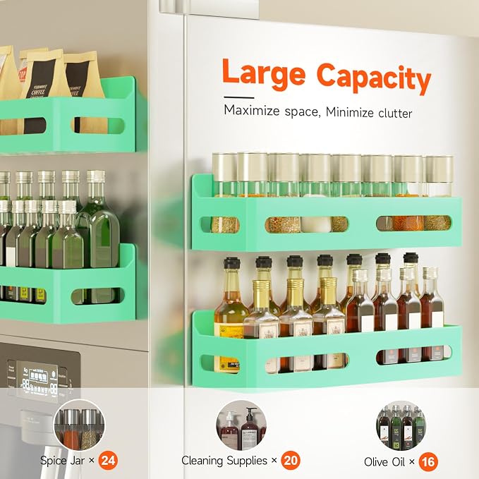 4-Pack Magnetic Spice Rack for Refrigerator with Hooks, Green | Strong multipurpose magnetic shelf for kitchen & bathroom organization. Includes 4 removable hooks for hanging items. - Image 4