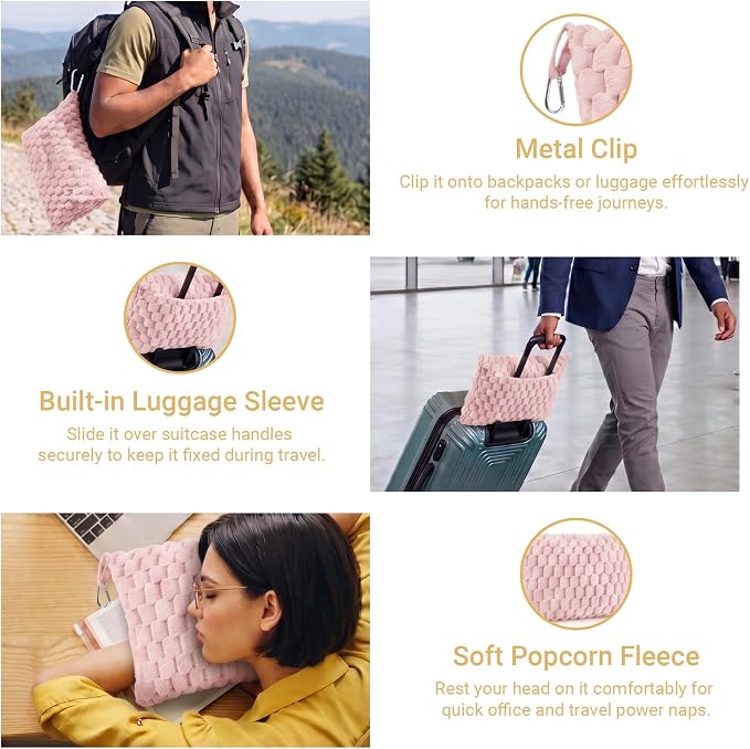 Travel Blanket with Bag, Soft Fleece Portable Airplane Blanket, Pink | Soft fleece travel blanket 50x60in grey. 5-in-1: pillow, lumbar support, shawl, hand warmer. Washable, luggage sleeve, clip. - Image 5