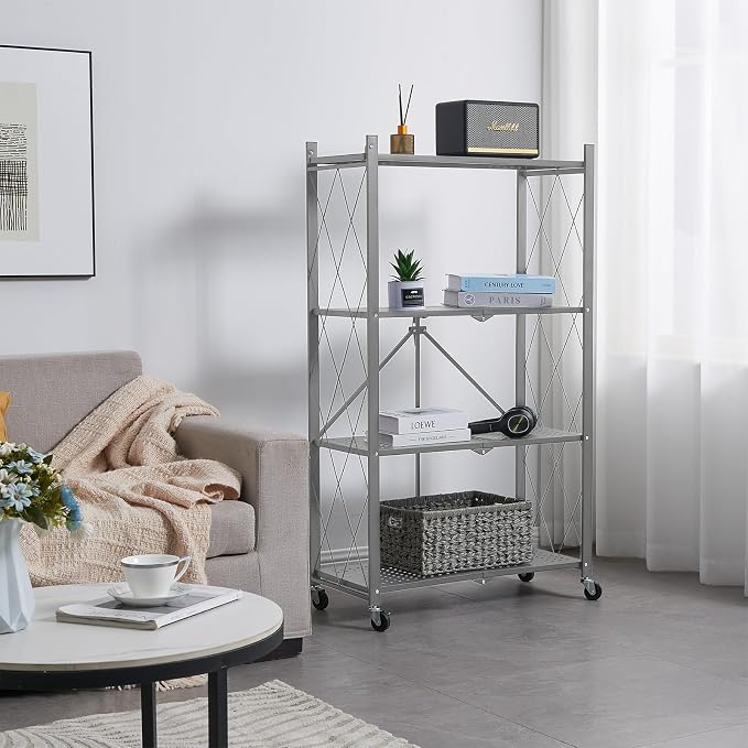 BRIAN & DANY 4-Tier Foldable Storage Shelves with Wheels, Folding Metal Rack Shelving Unit, Heavy Duty No Assembly Organizer Shelf for Garage, Kitchen, Basement, Pantry, Gray - Image 2