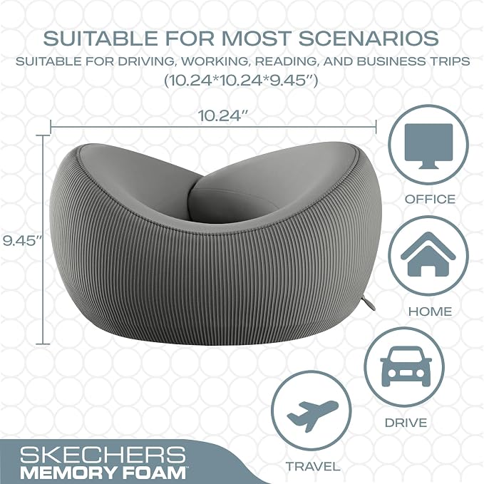 Skechers Men's Memory Foam Neck Pillow, Comfortable & Breathable Travel Pillow,Neck Pillow Airplane for Travel, Car Rides, Home, and Office Use, Ergonomic Design for Men and Women,Grey - Image 5