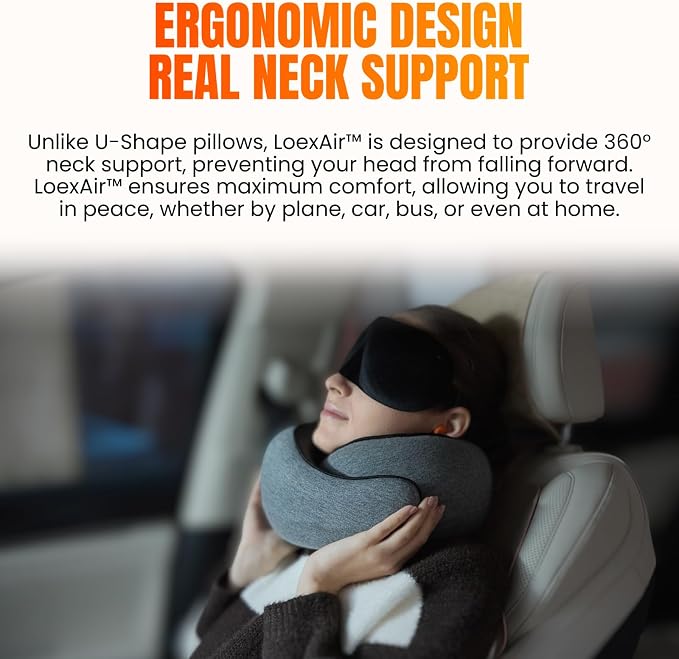 LOEXAIR™ Hooded Pro Travel Pillow - Memory Foam Neck Support Pillow for Airplane, Flight - Super-Soft Pure Cotton Fabric, Maximum Privacy & Light-Block Design, Lightweight Full Travel Kit - Light Grey - Image 7