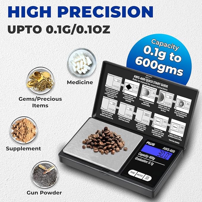 American Weigh Scales Digital Pocket Scale 600g x 0.1g with LCD Display Gram, Ounce, Carat, Grain for Coins, Jewellery, Gemstones, Metals, Kitchen, Food & Medicines – Black - Image 6