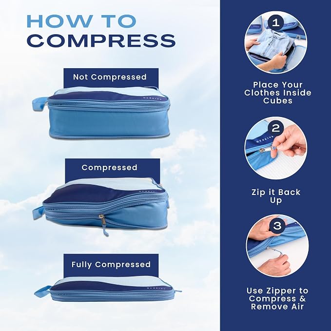 Compression Packing Cubes, 4 Set Packing Cubes for Travel, Travel Essentials for Men, Compressible Package Organizer for Suitcases, Navy Blue - Image 7