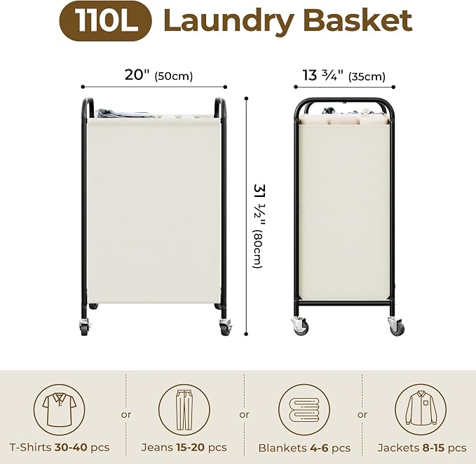 GRANNY SAYS Laundry Hamper, Large Cart with Wheels and Handles, Beige, 110L | Heavy Duty Metal Frame, Silent Rolling Basket for Clothes in Bedroom, Bathroom, Dorm - Image 2