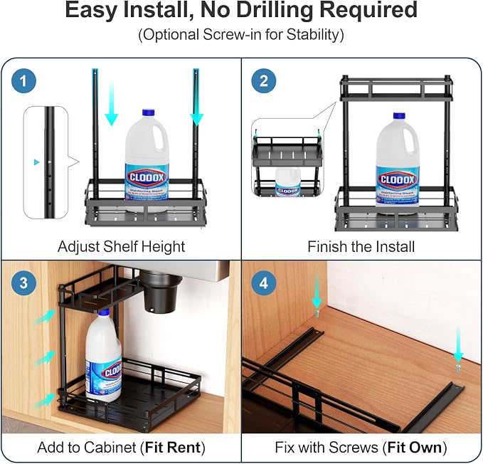 Under Kitchen Sink Organizer - L-Shaped Pull Out Shelf, 2 Pack | L-Shaped Fit Around Garbage Disposal, Adjustable Shelves, Pull Out Access, For 30-36 Inch Sink Cabinet, 2 Pack Black - Image 6