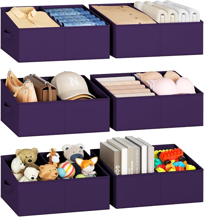DIMJ Large Closet Shelf Organizer Bins 6 Packs with Handles and Divider, Fabric Trapezoid Storage Baskets, Foldable Clothes Containers Box for Shelf, Towel, Book, Toy, Purse, Hats, Purple by DiMJ