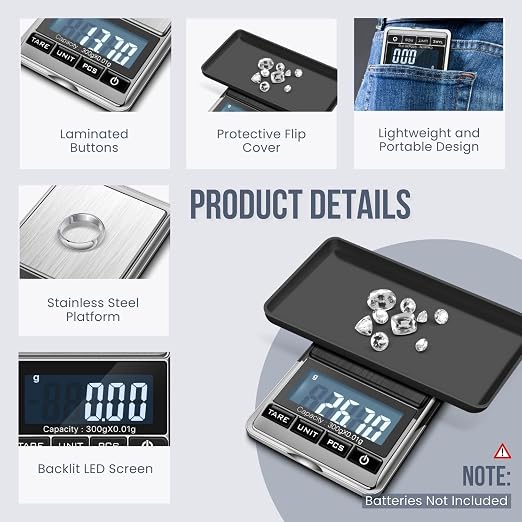 Flexzion Digital Gram Scale, 300g x 0.01g Pocket Scale for Coins, Jewelry | Compact Food Scale with 6 Weighing Units, Stainless Steel Platform, Tare, Counting Mode, Tweezers and 50G Calibration Weight - Image 3