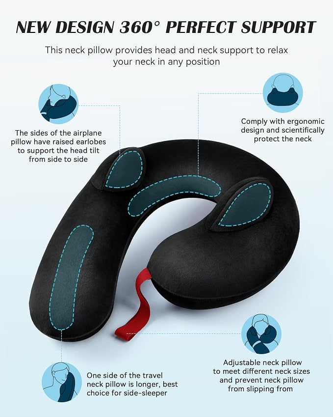 Patented Design Inflatable Travel Neck Pillow – Airplane Neck Pillow with 360° Head & Neck Support, Soft Washable Velvet Cover, Compact Neck Support Pillow for Airplane,Train,Car,Office & Home (Black) - Image 3