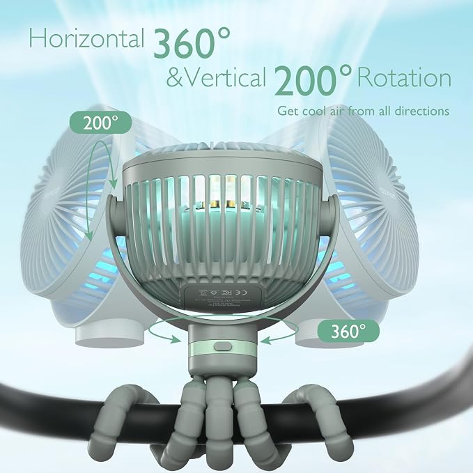 Momcozy 8000mAh Portable Stroller Fan, 27H Ultra-long Battery Life | Detachable 4 Speed 360°Rotate LED Night Light with 2 Modes, USB Rechargeable Handheld Cooling Fan for Travel/Car Seat/Bedroom - Image 7
