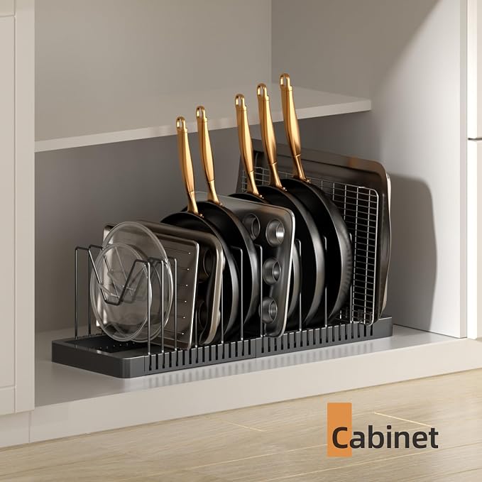 Pots and Pans Organizer under Cabinet, Expandable Pot Lid Organizer Holder with 12 Adjustable Compartment, Pan Organizers inside Cabinet for Lids, Bakeware, Kitchen Storage Pot Rack, Black - Image 6