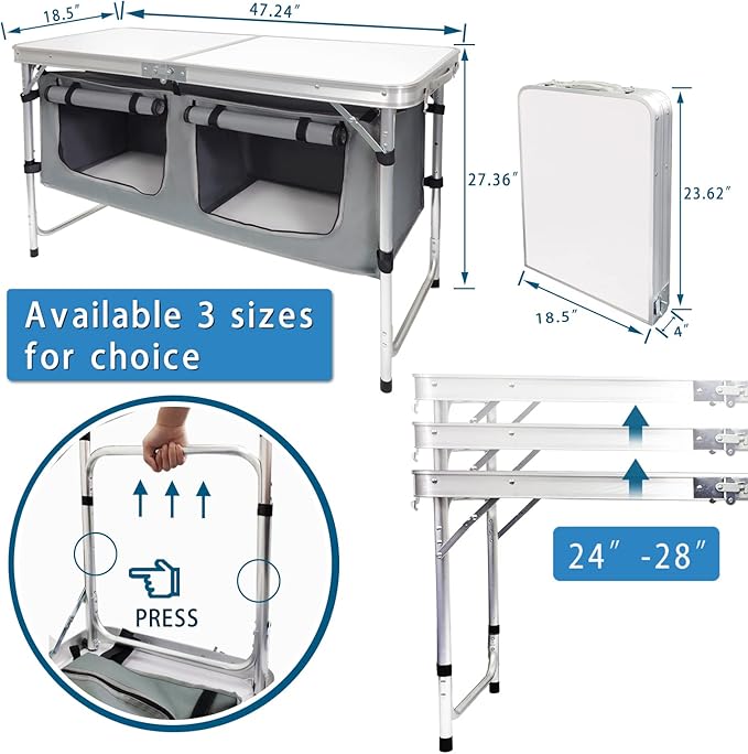 Folding Camping Table with Storage, Adjustable Height | Lightweight aluminum folding table with storage compartment for camping, tailgating, picnics, BBQs and backyard use - Image 3