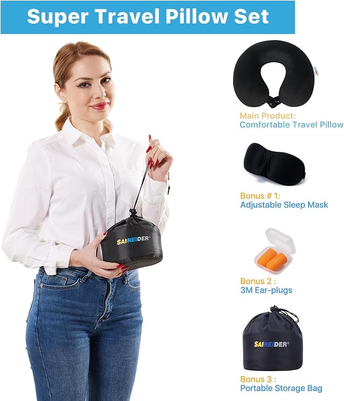 SAIREIDER Neck Pillows for Travel 100% Memory Foam Adjustable Travel Pillows with Storage Bag, Sleep Mask and Earplugs-Prevent The Heads from Falling Forward (Black) - Image 7