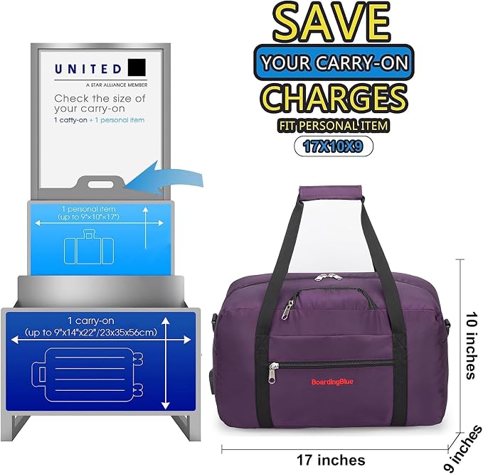 17x10x9 United Airline Personal Item Under Seat Duffel Bag With Free Pillow And USB Port (Purple) - Image 2
