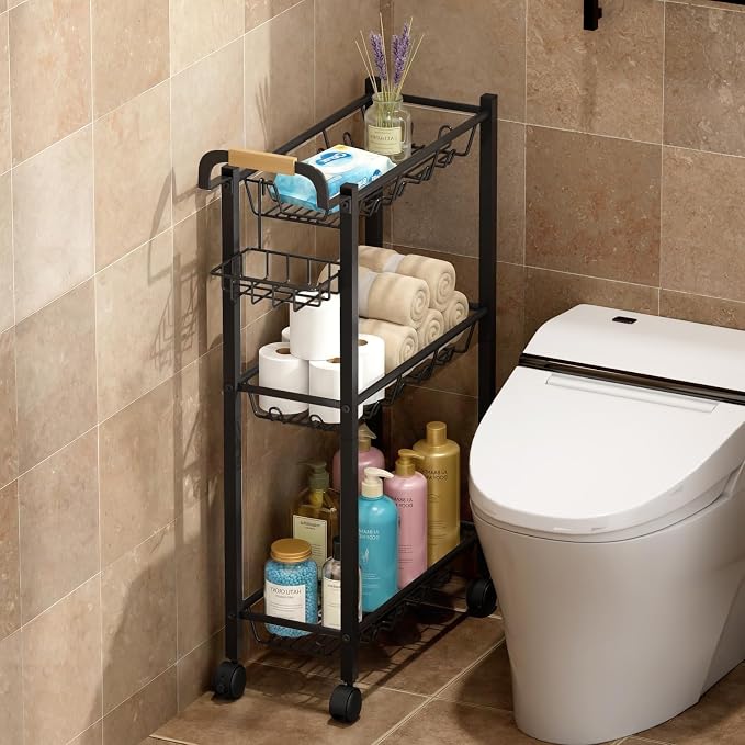 AOODA Laundry Room Cart with Top Detergent Holder, Metal Rolling Storage Cart Between Washer and Dryer, 3 Tier Narrow Laundry Room Organization and Storage with Wheels (Pure Black) - Image 8