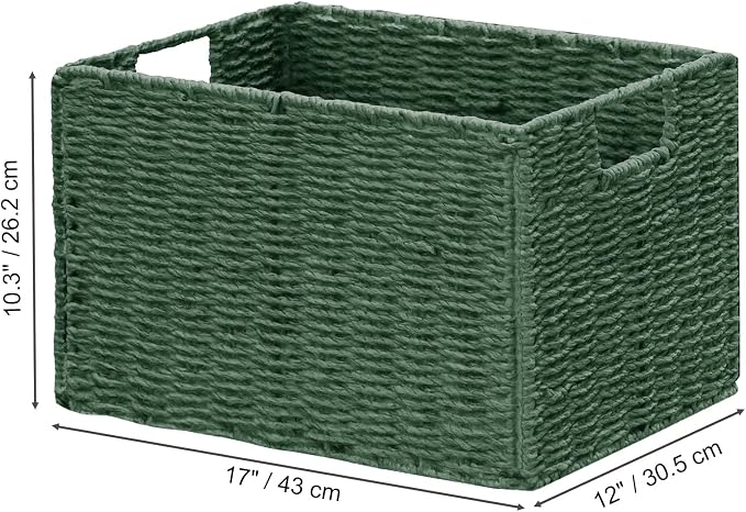 Large Wicker Storage Basket, Collapsible Baskets for Organizing | Set of 2 Hand-Woven Paper Rope Wicker Basket, 17"x 12" Closet Organizers and Storage with Handles Home Organization, Green - Image 2