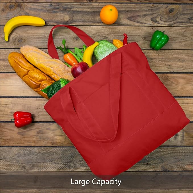TOPDesign 3-Pack Canvas Tote Bags with an External Pocket, Reusable Grocery Shopping Bags, Top Zipper Closure, Daily Essentials (Red) - Image 3