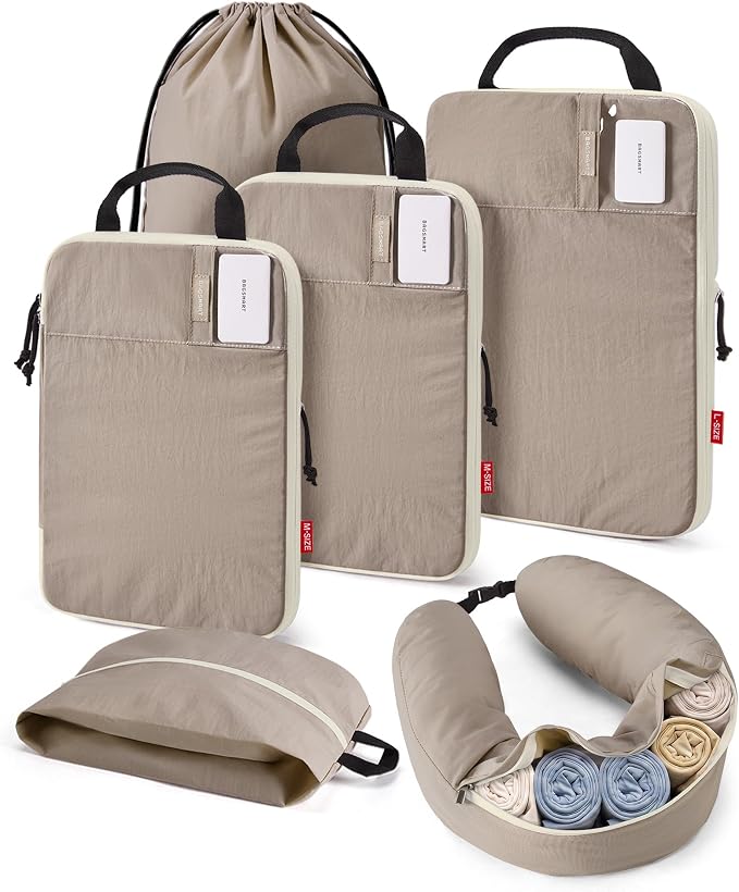 BAGSMART Compression Packing Cubes with Fillable Neck Pillow for Clothes | 1 Wearable Neck Pillow & 5 Travel Bags to Avoid Baggage Fees, Durable, Tear Resistant Washable Taslan Fabric with Card Slots by BAGSMART