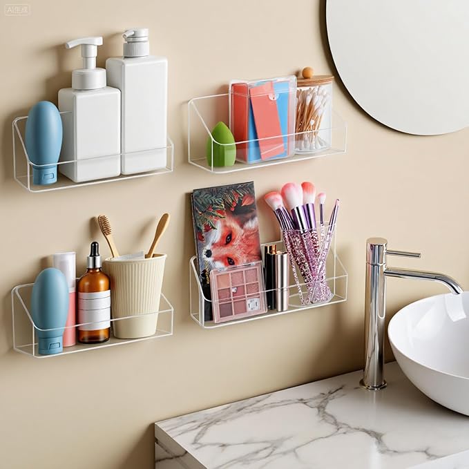 4 Pack Clear Wall Mounted Storage Organizer – No Drill Adhesive Shelves for Bathroom, Kitchen, Bedroom, Mirror Cabinets – Transparent PS Plastic Organizer Bins (7.9” x 3.4” x 3.3”) - Image 2