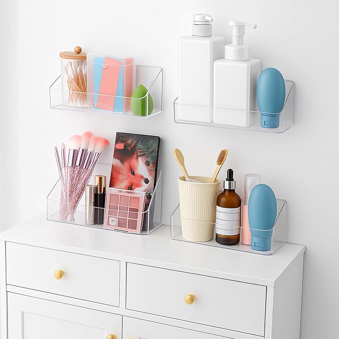 4 Pack Clear Wall Mounted Storage Organizer – No Drill Adhesive Shelves for Bathroom, Kitchen, Bedroom, Mirror Cabinets – Transparent PS Plastic Organizer Bins (7.9” x 3.4” x 3.3”) - Image 6
