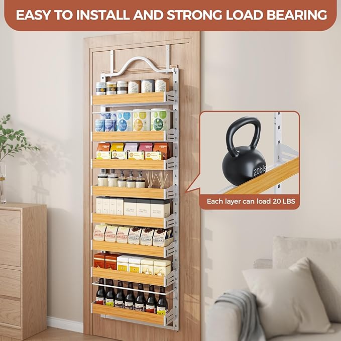 8-Tier Pantry Door Organizer, Over the Door Pantry Organizer with Wooden Adjustable Baskets, 2 IN 1 Spice Rack Wall Mount or Door Organizer, Door Spice Rack for Pantry（72.6×17.1×5.1in,White) - Image 5