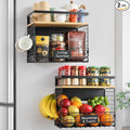 [WIDER SHELF] 2 SET Strong Magnetic Shelf Basket for Fridge with Tag & Bamboo Top, XXL Large Magnetic Spice Rack Shelves for Side of Refrigerator, Kitchen Pantry Storage Organizer for Food Fruit Veg by Unknown
