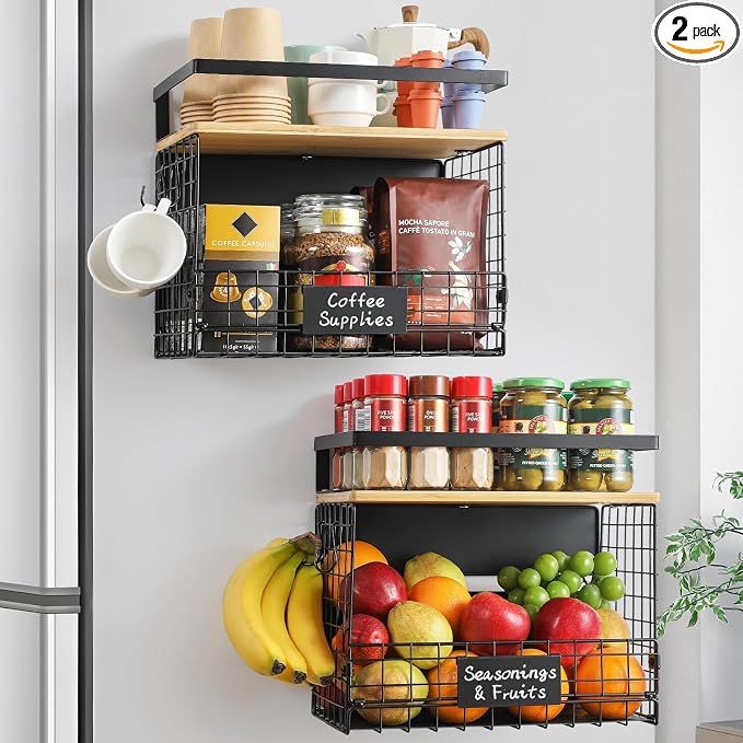 [WIDER SHELF] 2 SET Strong Magnetic Shelf Basket for Fridge with Tag & Bamboo Top, XXL Large Magnetic Spice Rack Shelves for Side of Refrigerator, Kitchen Pantry Storage Organizer for Food Fruit Veg by Unknown