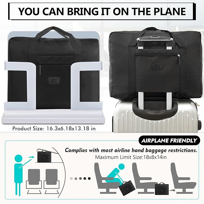 Travel Duffel Bag Lightweight Foldable Travel Bag for Women and Men Waterproof Tote Carry On Luggage Bag Weekender Overnight Bag (Black) - Image 5