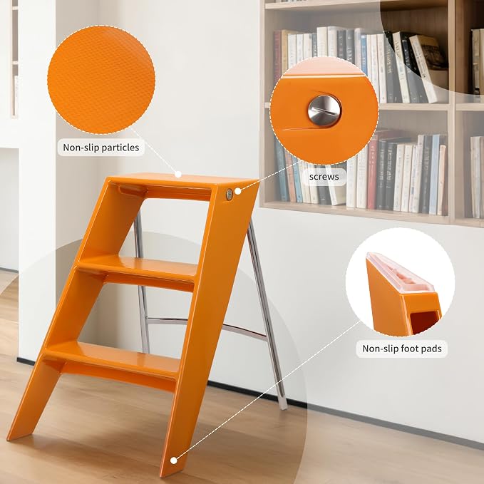 HOTEAGLE Modern Folding Chair - Multifunctional Design Doubles as Step Stool & Storage Shelf, Sturdy Engineering Plastic for Kitchen, Dining & Bistro,Orange - Image 6
