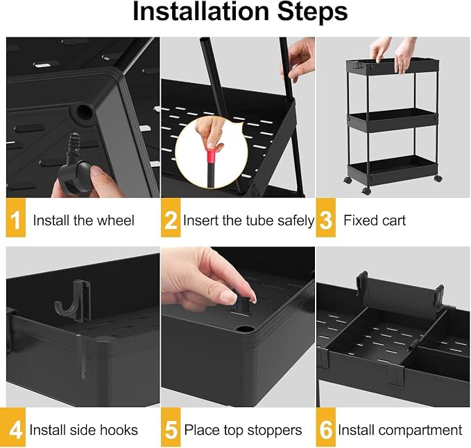 2-piece Set Slim Storage Cart 3 Tier,Bathroom Organizer Rolling Utility,Mobile Shelving Unit Slide Out for Office, Kitchen, Laundry Room & Narrow Places - Image 6