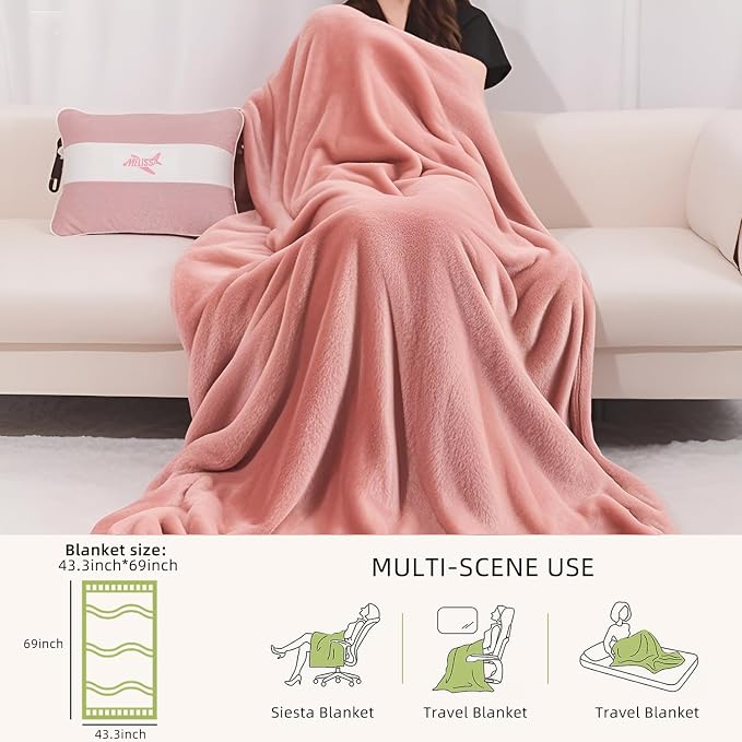 Melissa Large Soft Travel Blanket and Inflatable Pillow Set | Size-69“ x 43.3”, Carry Bag – Lightweight, Compact & Washable for Backpacking, Hiking, Airplane, Car, Office, Camping (Pink) - Image 5