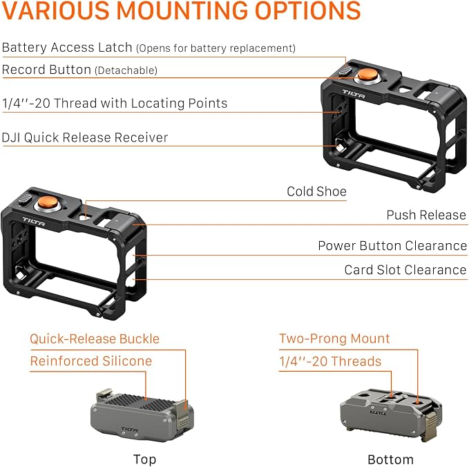 Tilta Camera Cage Base Kit Compatible with DJI Osmo Action 6 | Magnetic Quick Release Baseplate Included | 1/4"-20 Thread with Locating Points | Cold Shoe Receiver | Button Extension | Black | Includes full camera cage and quick release mounting basepl... - Image 2