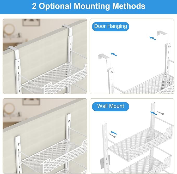 VyGrow 12.3" W Narrow Over the Door Pantry Organizer, 8-Tier Over the Door Organizer with Adjustable Basket, Pantry Door Organization for Pantry Kitchen Storage Room Spice Rack, White - Image 4