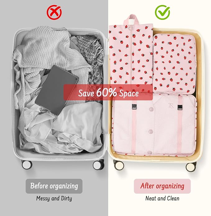 9 Set Packing Cubes for Travel Essentials - Lightweight Carry-On Luggage Organizer Bags with Shoe, Clothes & Laundry Bags for Airplane, Family & Business Travel, Pink strawberry - Image 8