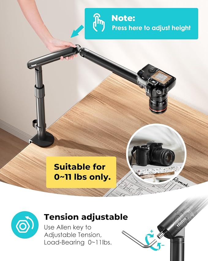 Viozon Overhead Camera Mount, Overhead Phone Stand, Flexible Aluminum Alloy Spring Arm with 360° Ball Head,1/4"&3/8" Interface for DSLR Camera/Rrojector/Microphone/Ring Light/Webcam/Phone - Image 4