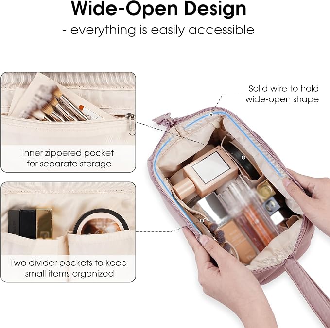 Narwey Large Makeup Bag Women Wide-open Make up Bag Travel Cosmetic Bag Organizer Toiletry Bag for Cosmetics Toiletries Accessories (Dusty Rose) - Image 2