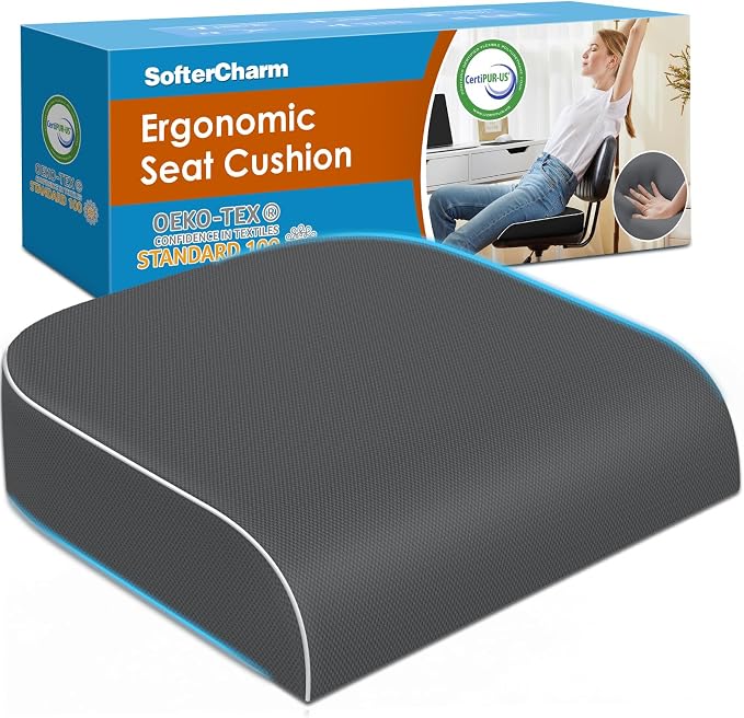 Seat Cushion, Memory Foam Office Chair Cushion, Gray, Large | Office Desk Accessories, Butt Pillow for Long Sitting Sciatica, Coccyx, Tailbone, Hip Pain Relief - for Home, Car, Airplane by Unknown