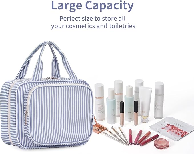 Narwey Striped Hanging Toiletry Bag for Women Travel Makeup Bag Organizer Toiletries Bag for Travel Size Essentials Accessories Cosmetics (Greyish Blue Stripe (Medium)) - Image 7